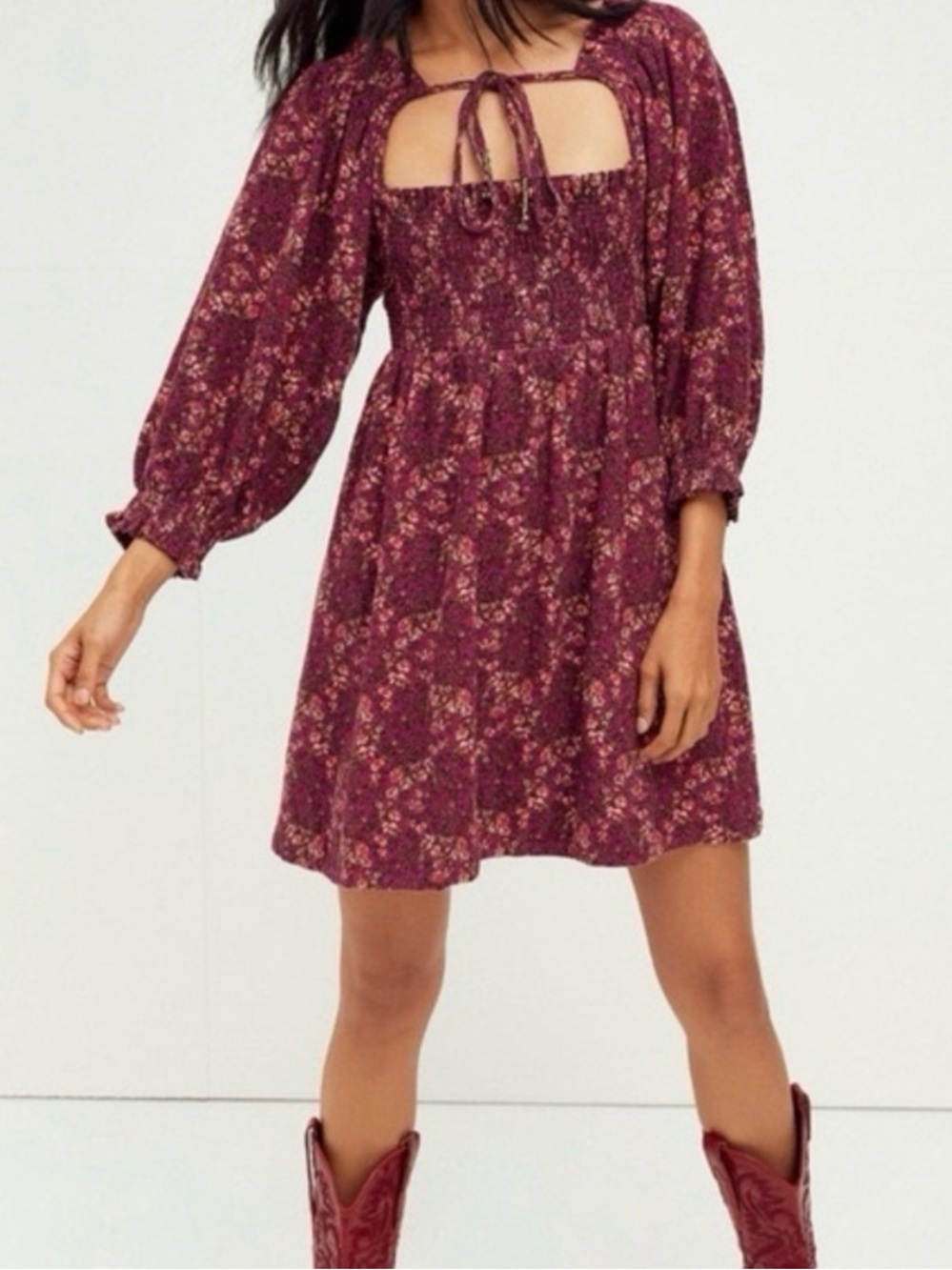 Free People Burgundy Floral Square-Tie Babydoll bohemian Mini Dress